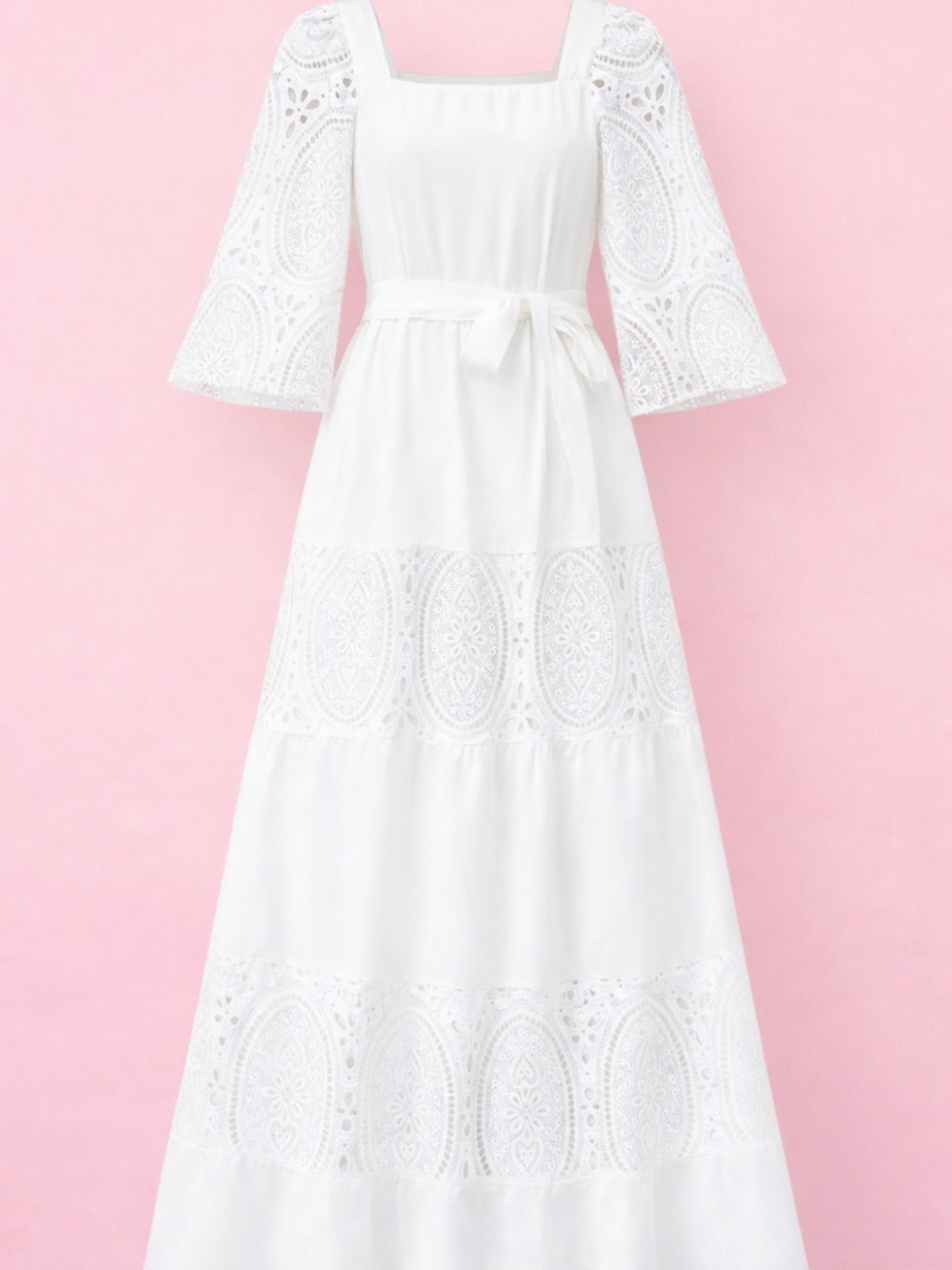 Breezaya White Lace Trim Maxi Dress Women’s XL 12 Boho Square Neck Dress
